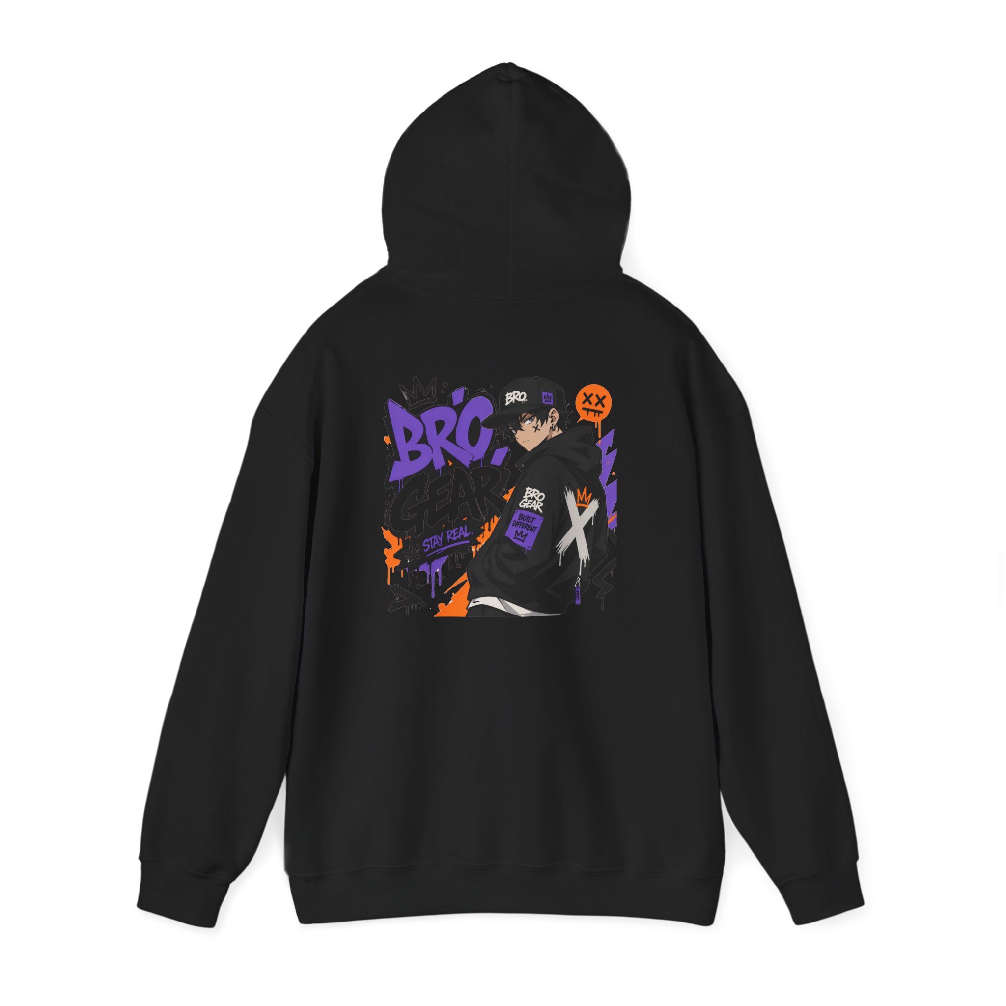 BRO Gear Anime Character Hoodie | Black Graphic Streetwear, Purple Orange Design - Image 3