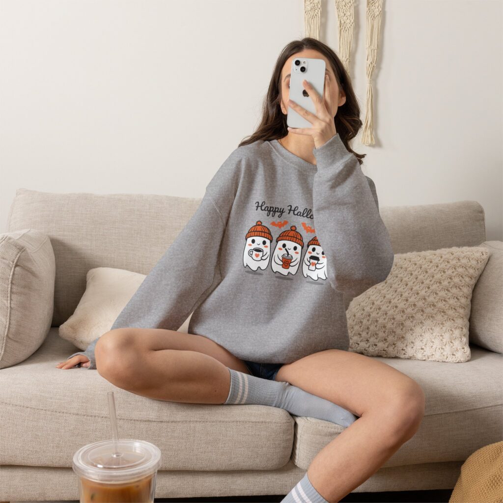 Happy Halloween Ghost Trio sweatshirt | Cute Ghosts with Pumpkin Hats, Fall Halloween Top