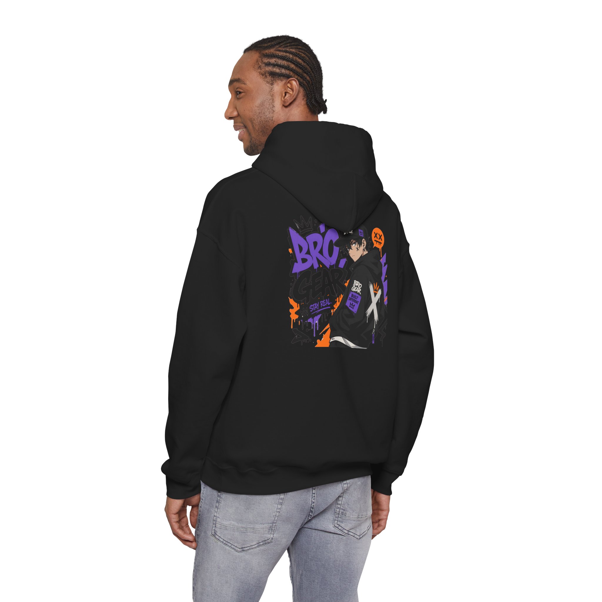 BRO Gear Anime Character Hoodie | Black Graphic Streetwear, Purple Orange Design - Image 6